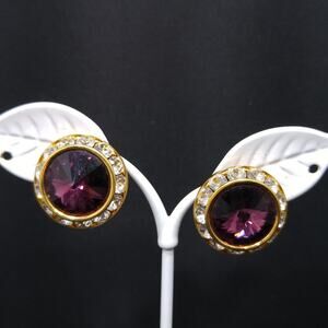 Faux Amethyst Purple Rivoli Rhinestone Post Earrings, Clear Rhinestones, 1980s